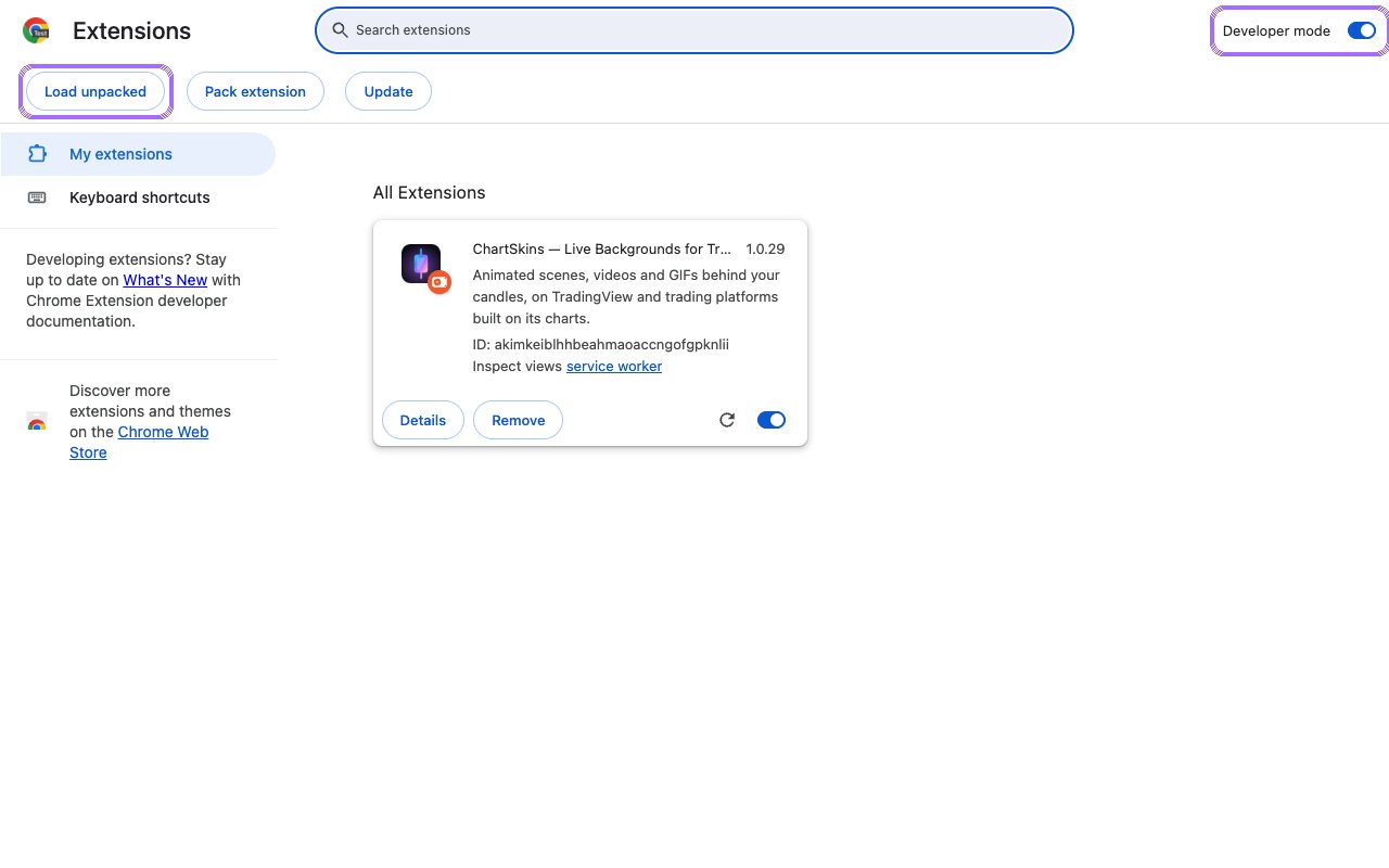 Chrome extensions page with Developer mode and Load unpacked highlighted