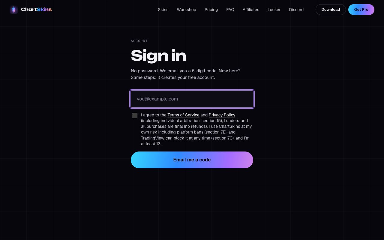 The ChartSkins sign-in page